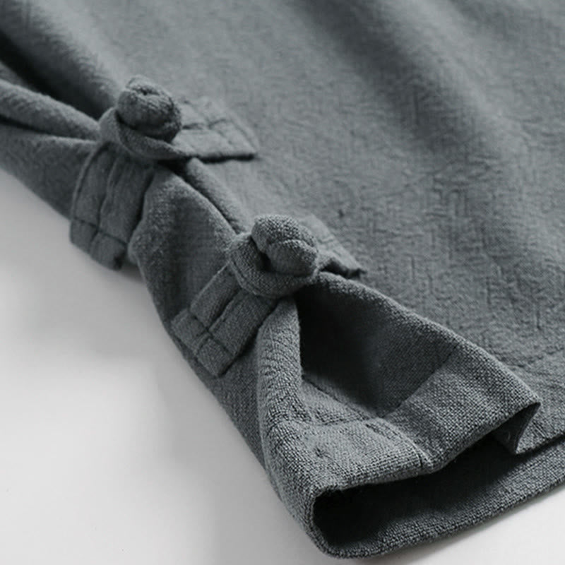 Buddha Stones 夏用ドローストリング 伸縮性ウエスト フロッグボタン アンクル丈 メンズ コットンリネン パンツ ポケット付き - image 7