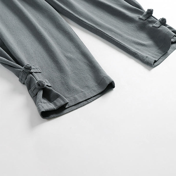 Buddha Stones 夏用ドローストリング 伸縮性ウエスト フロッグボタン アンクル丈 メンズ コットンリネン パンツ ポケット付き - image 8