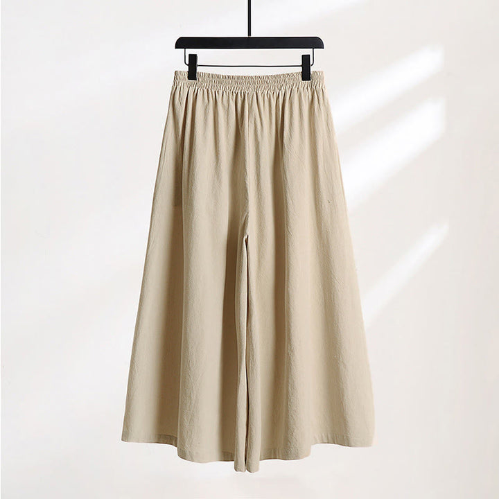 Buddha Stones プレーンレースアップドローストリングデザインメンズアンクル丈コットンリネンワイドレッグパンツ（ポケット付き） - image 1