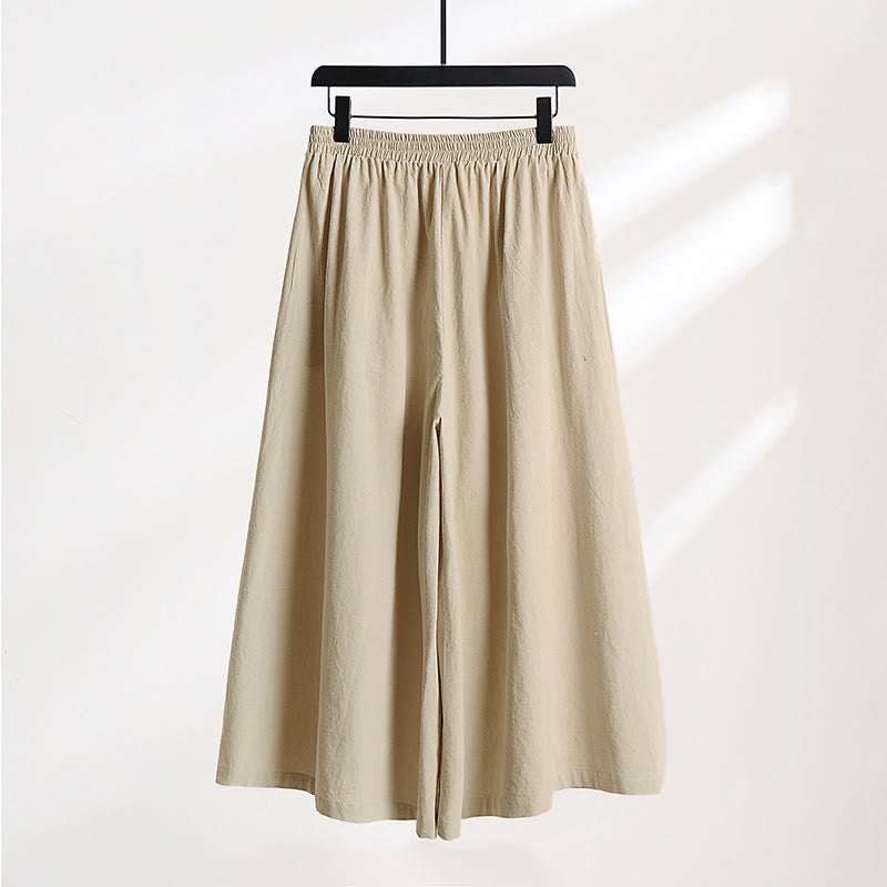 Buddha Stones プレーンレースアップドローストリングデザインメンズアンクル丈コットンリネンワイドレッグパンツ（ポケット付き） - image 1