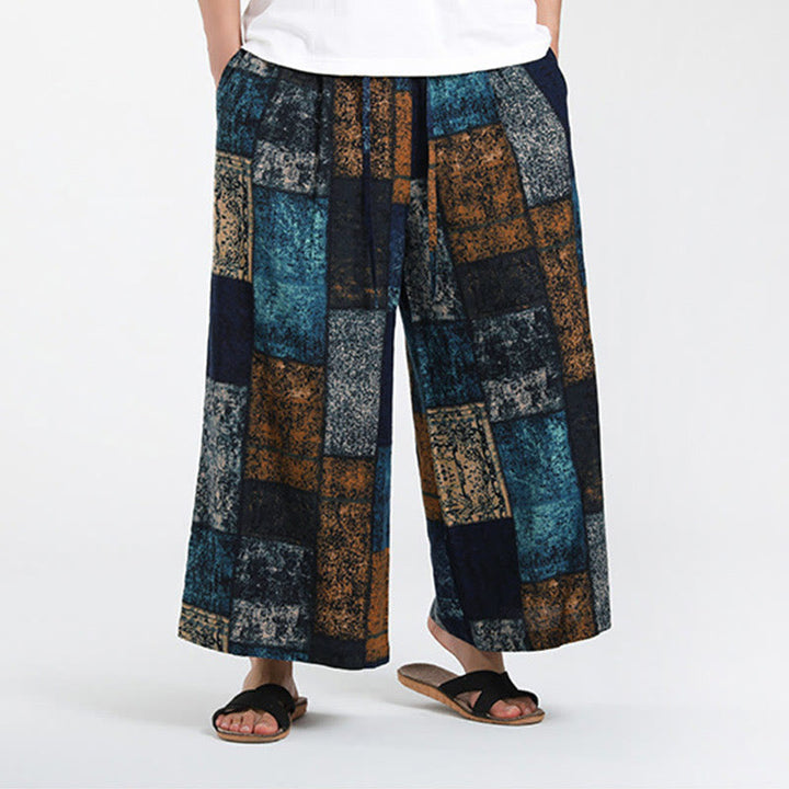 Buddha Stones 夏用パッチワークデザイン 7-8丈 メンズ ワイドレッグパンツ ポケット付き - image 14