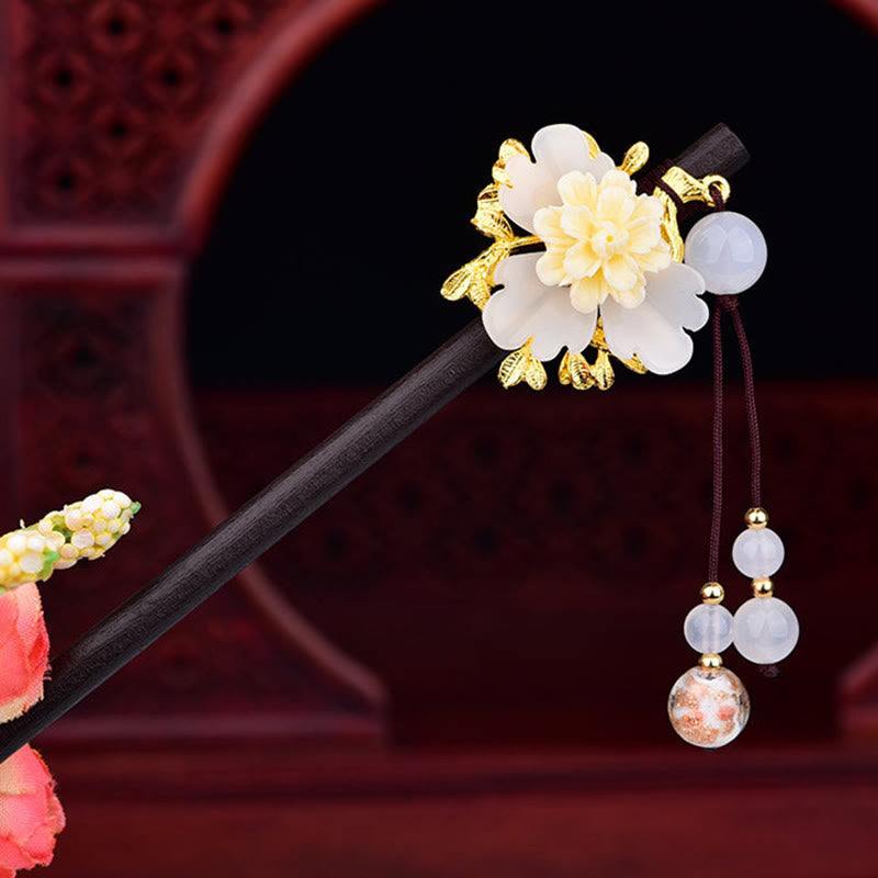 Buddha Stones 緑、黄、白の花、Liuliガラス木製ヘアピン - 白 - image 7