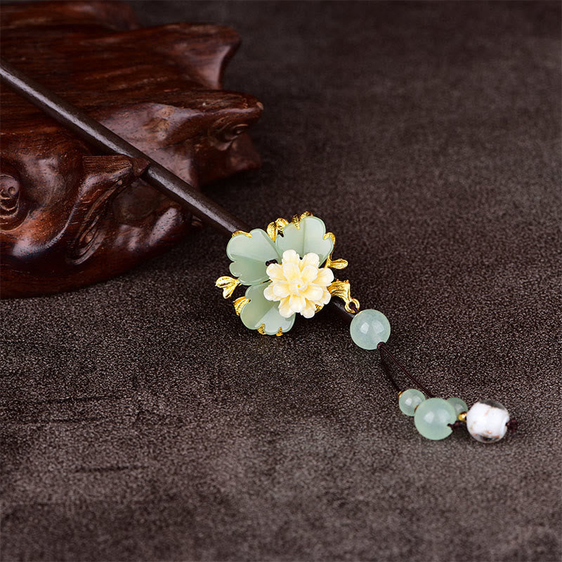 Buddha Stones 緑、黄、白の花、Liuliガラス木製ヘアピン - image 3