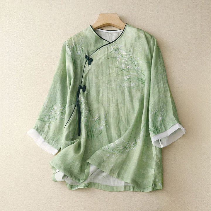 Buddha Stones ホワイトオーキッドレッドフラワーフロッグボタンデザイン七分袖レディースシャツ - ライトグリーン - US14、 UK/AU18、 EU46 (2XL) - image 0