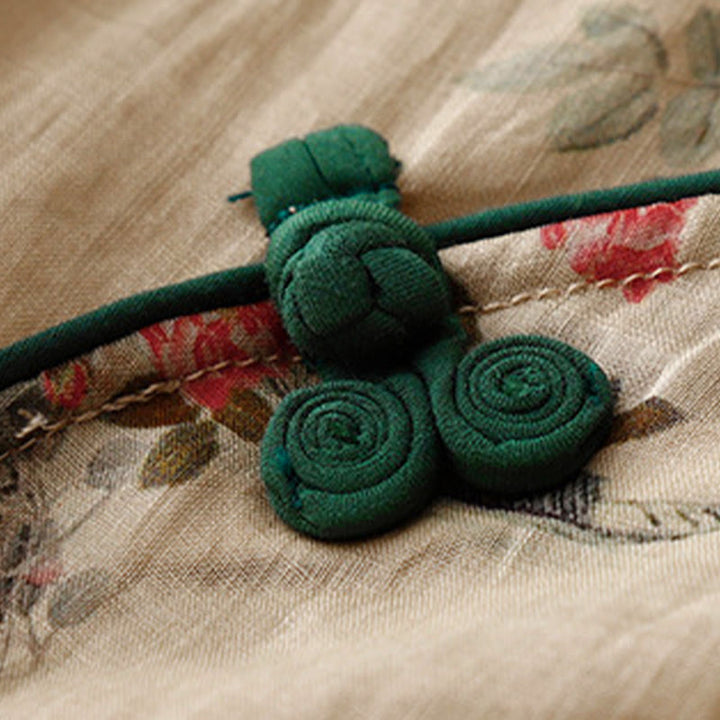 Buddha Stones ホワイトオーキッドレッドフラワーフロッグボタンデザイン七分袖レディースシャツ - image 12