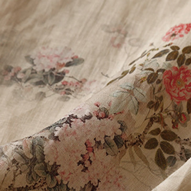 Buddha Stones ホワイトオーキッドレッドフラワーフロッグボタンデザイン七分袖レディースシャツ - image 15