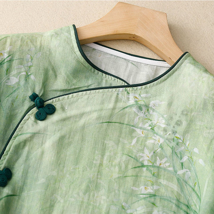 Buddha Stones ホワイトオーキッドレッドフラワーフロッグボタンデザイン七分袖レディースシャツ - image 2