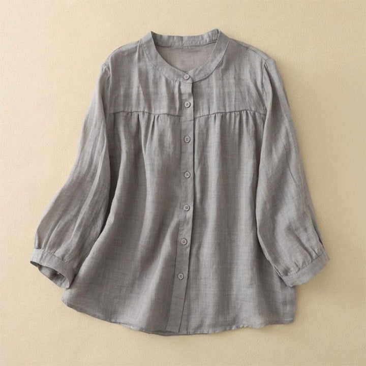Buddha Stones 無地クルーネックボタンデザイン七分袖レディースシャツ - グレー - US14、 UK/AU18、 EU46 (3XL) - image 0