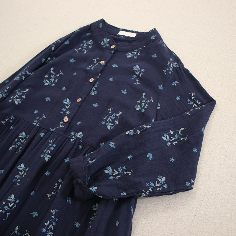 Buddha Stones 春の小花柄プリントボタンデザインクルーネック長袖ミディドレス（ポケット付き） - image 2