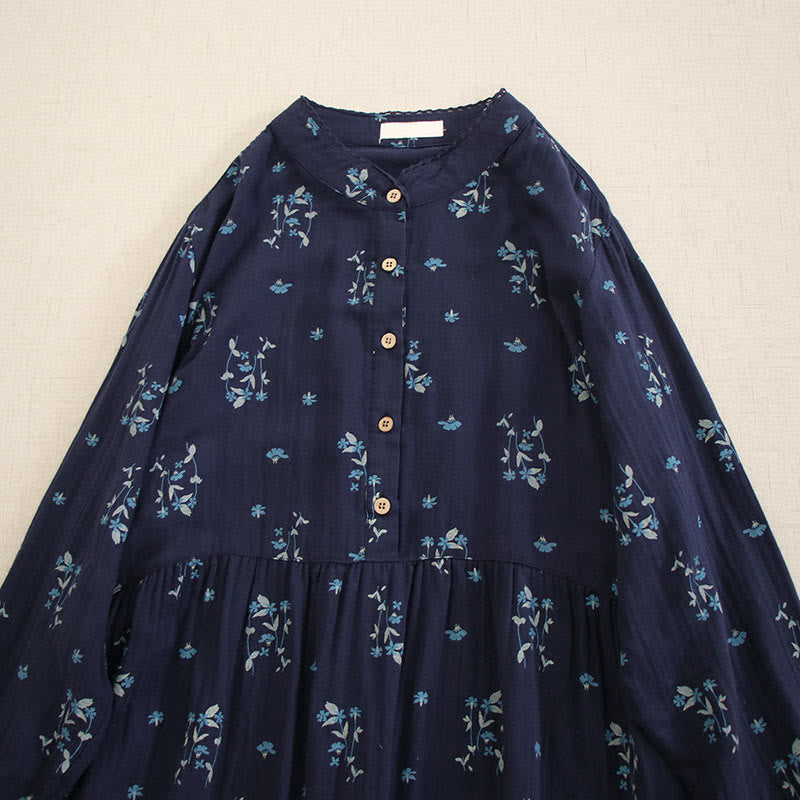 Buddha Stones 春の小花柄プリントボタンデザインクルーネック長袖ミディドレス（ポケット付き） - image 1