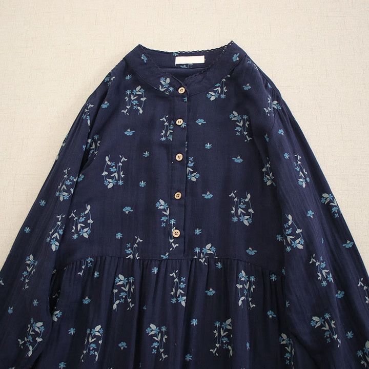Buddha Stones 春の小花柄プリントボタンデザインクルーネック長袖ミディドレス（ポケット付き） - image 1