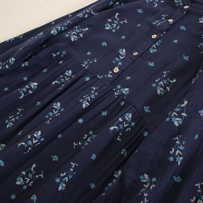 Buddha Stones 春の小花柄プリントボタンデザインクルーネック長袖ミディドレス（ポケット付き） - image 6