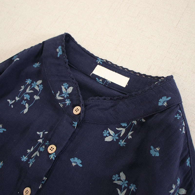 Buddha Stones 春の小花柄プリントボタンデザインクルーネック長袖ミディドレス（ポケット付き） - image 3