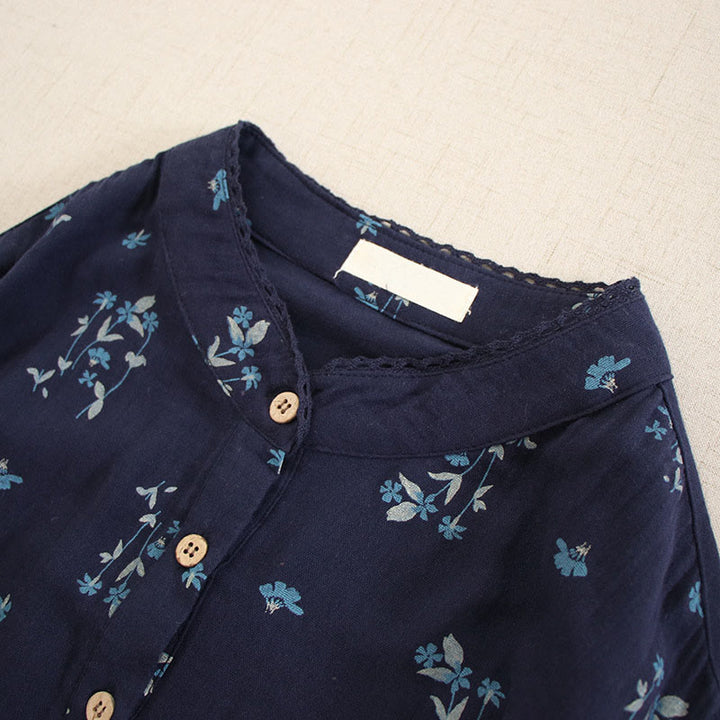 Buddha Stones 春の小花柄プリントボタンデザインクルーネック長袖ミディドレス（ポケット付き） - image 3