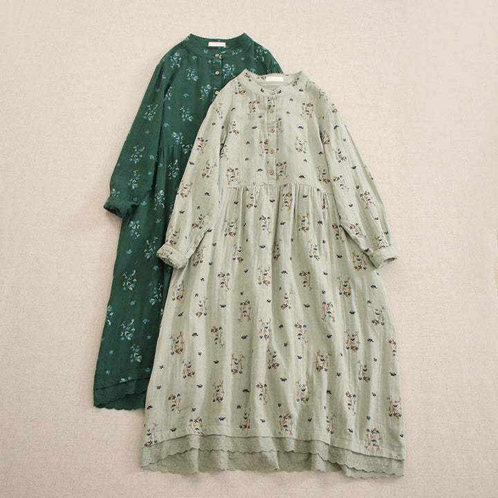 Buddha Stones 春の小花柄プリントボタンデザインクルーネック長袖ミディドレス（ポケット付き） - image 15