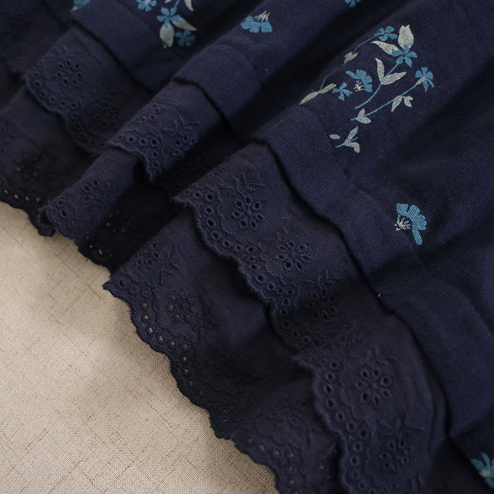 Buddha Stones 春の小花柄プリントボタンデザインクルーネック長袖ミディドレス（ポケット付き） - image 5