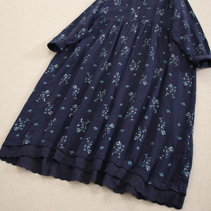 Buddha Stones 春の小花柄プリントボタンデザインクルーネック長袖ミディドレス（ポケット付き） - image 4