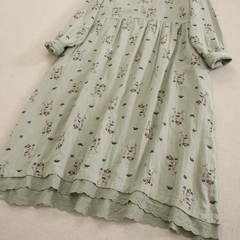 Buddha Stones 春の小花柄プリントボタンデザインクルーネック長袖ミディドレス（ポケット付き） - image 13