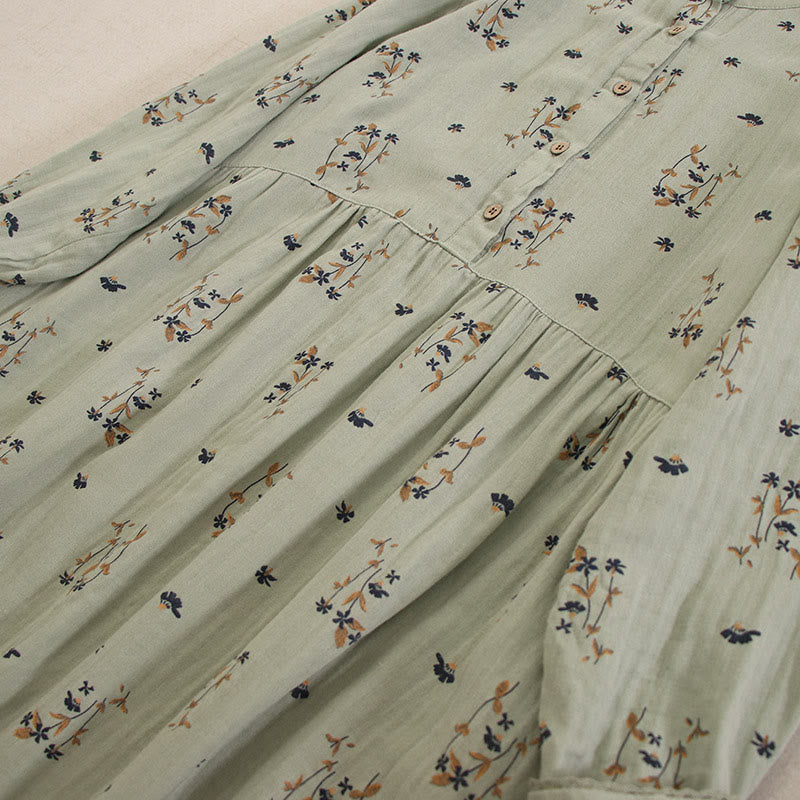 Buddha Stones 春の小花柄プリントボタンデザインクルーネック長袖ミディドレス（ポケット付き） - image 12