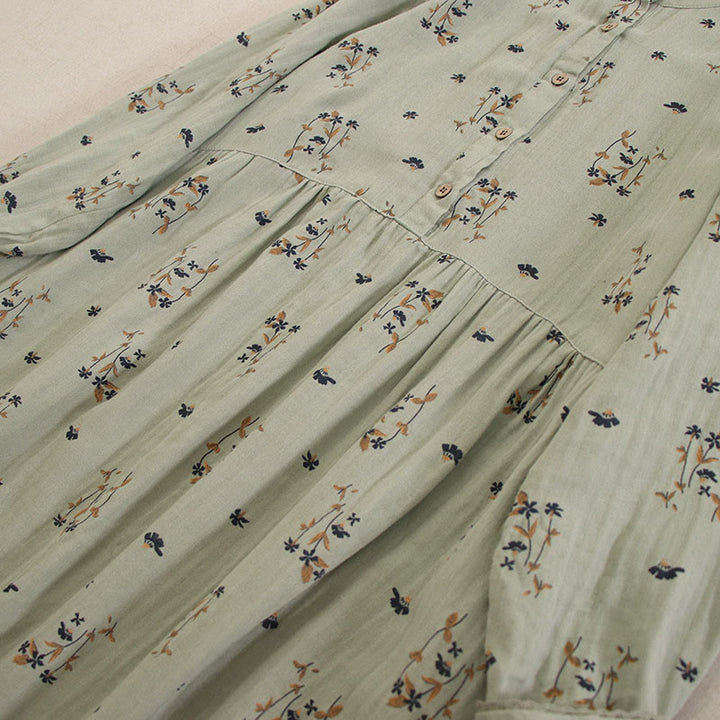 Buddha Stones 春の小花柄プリントボタンデザインクルーネック長袖ミディドレス（ポケット付き） - image 12