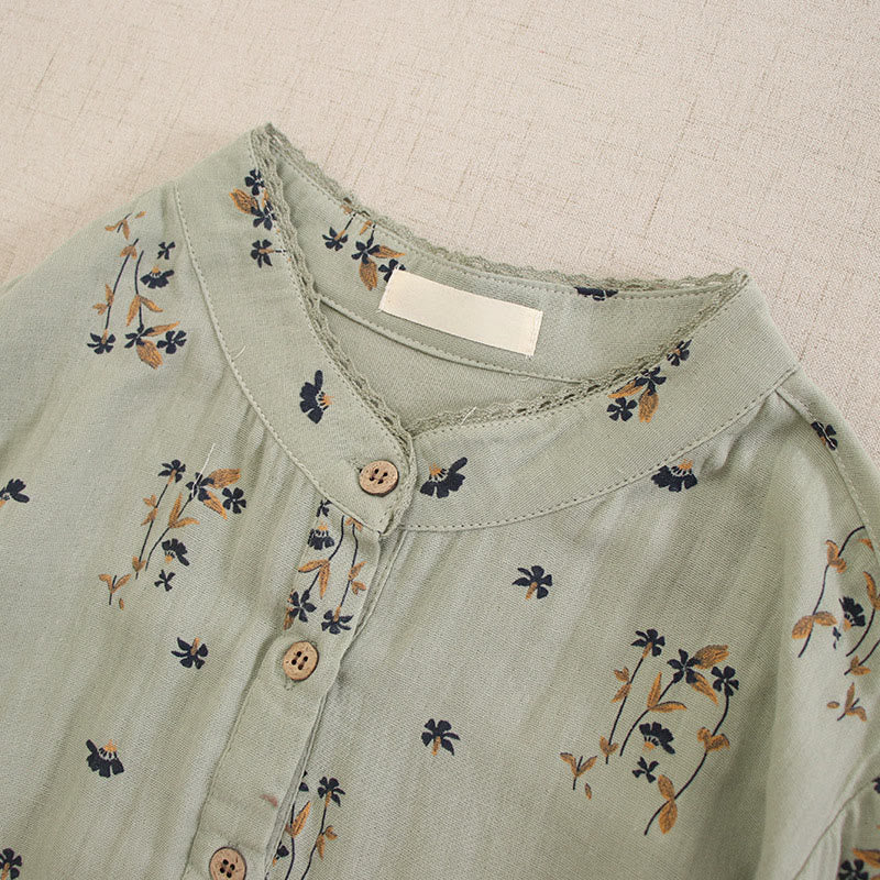 Buddha Stones 春の小花柄プリントボタンデザインクルーネック長袖ミディドレス（ポケット付き） - image 10