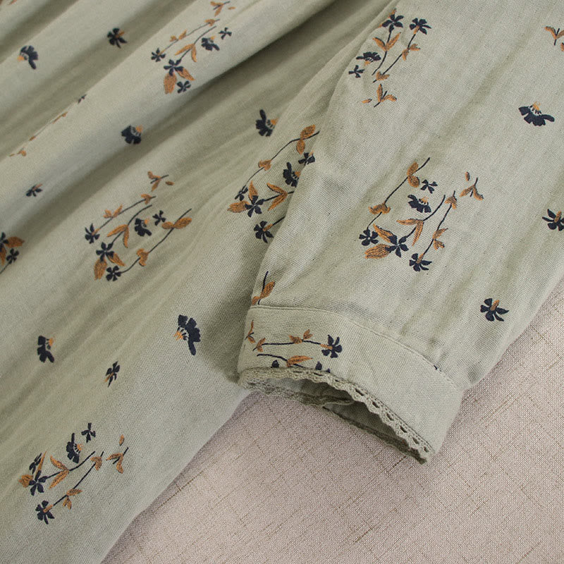 Buddha Stones 春の小花柄プリントボタンデザインクルーネック長袖ミディドレス（ポケット付き） - image 11