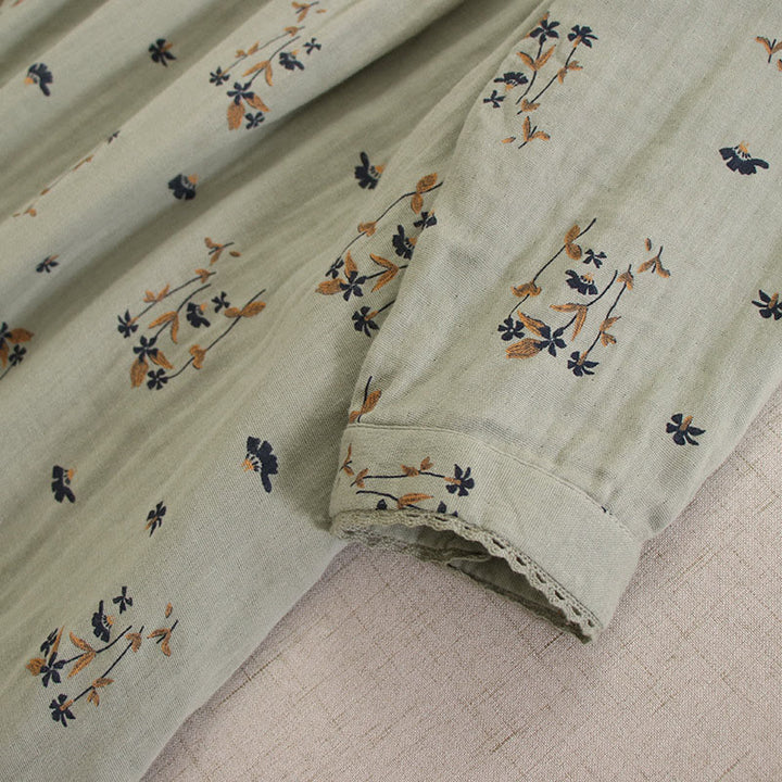 Buddha Stones 春の小花柄プリントボタンデザインクルーネック長袖ミディドレス（ポケット付き） - image 11