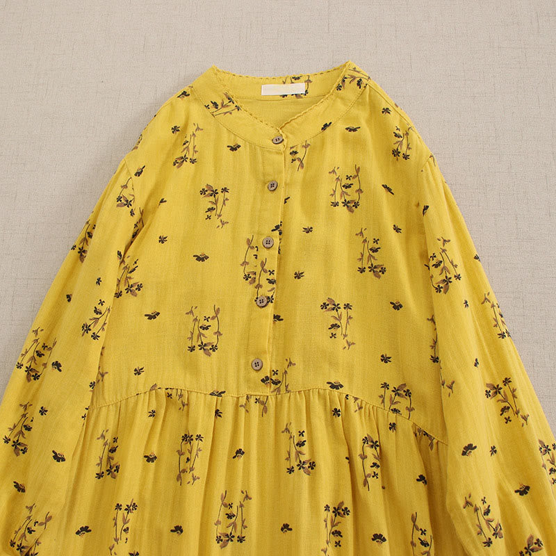 Buddha Stones 春の小花柄プリントボタンデザインクルーネック長袖ミディドレス（ポケット付き） - image 17