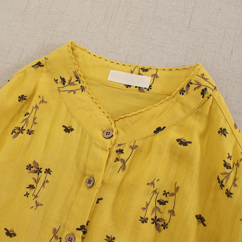 Buddha Stones 春の小花柄プリントボタンデザインクルーネック長袖ミディドレス（ポケット付き） - image 18