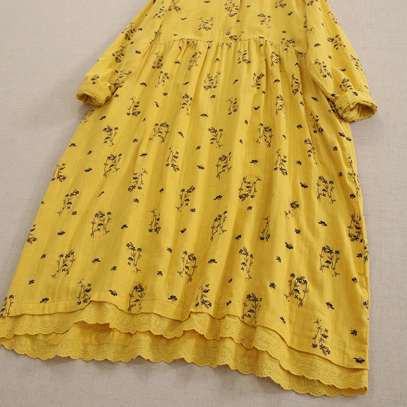 Buddha Stones 春の小花柄プリントボタンデザインクルーネック長袖ミディドレス（ポケット付き） - image 20