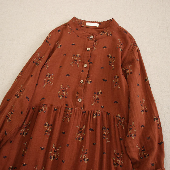 Buddha Stones 春の小花柄プリントボタンデザインクルーネック長袖ミディドレス（ポケット付き） - image 24