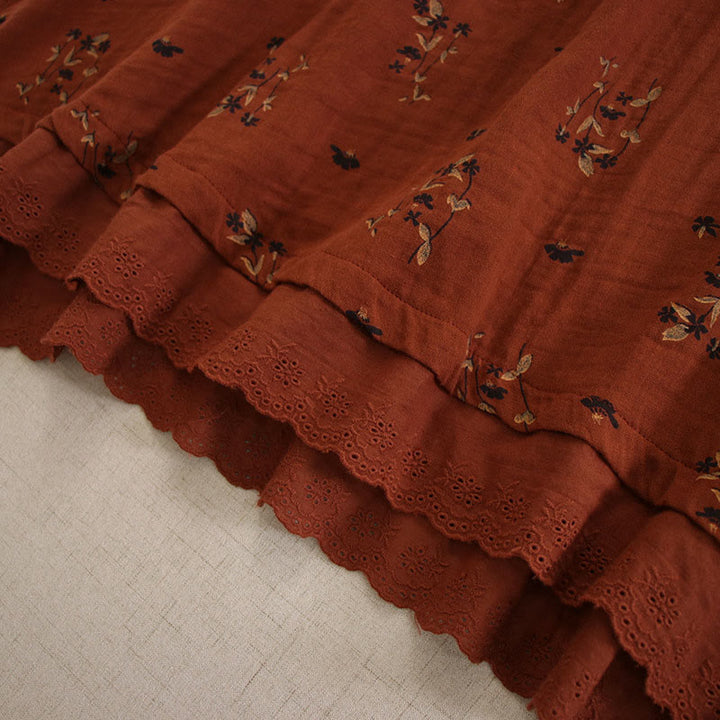 Buddha Stones 春の小花柄プリントボタンデザインクルーネック長袖ミディドレス（ポケット付き） - image 28