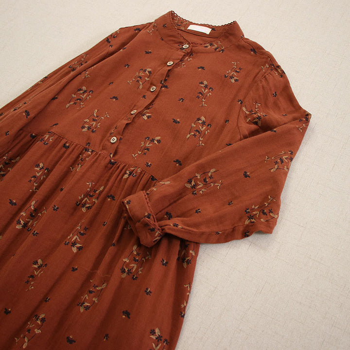 Buddha Stones 春の小花柄プリントボタンデザインクルーネック長袖ミディドレス（ポケット付き） - image 25