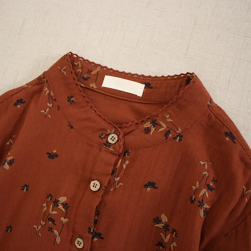 Buddha Stones 春の小花柄プリントボタンデザインクルーネック長袖ミディドレス（ポケット付き） - image 26