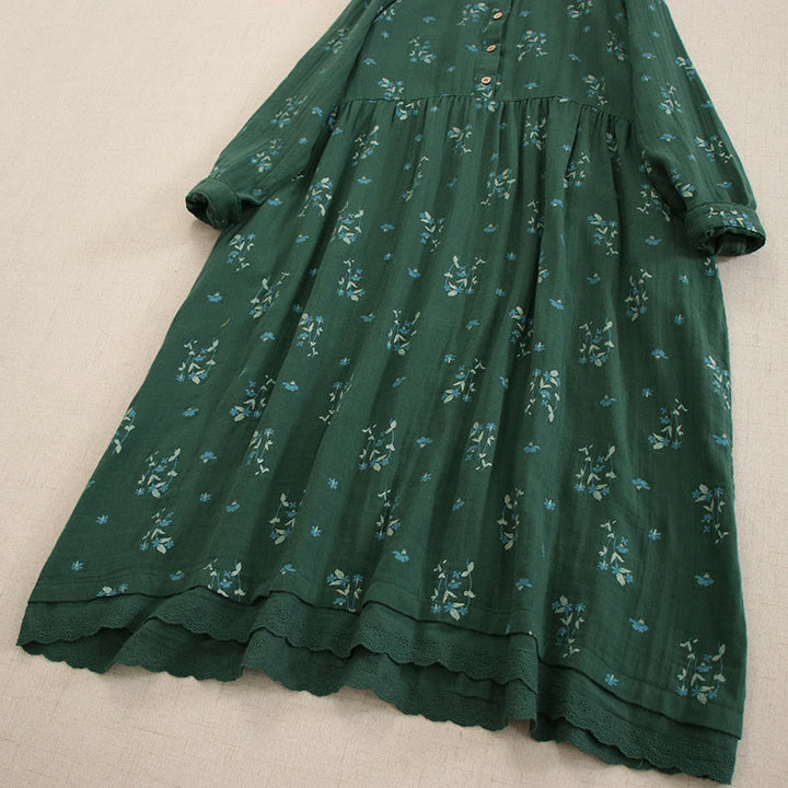 Buddha Stones 春の小花柄プリントボタンデザインクルーネック長袖ミディドレス（ポケット付き） - image 34