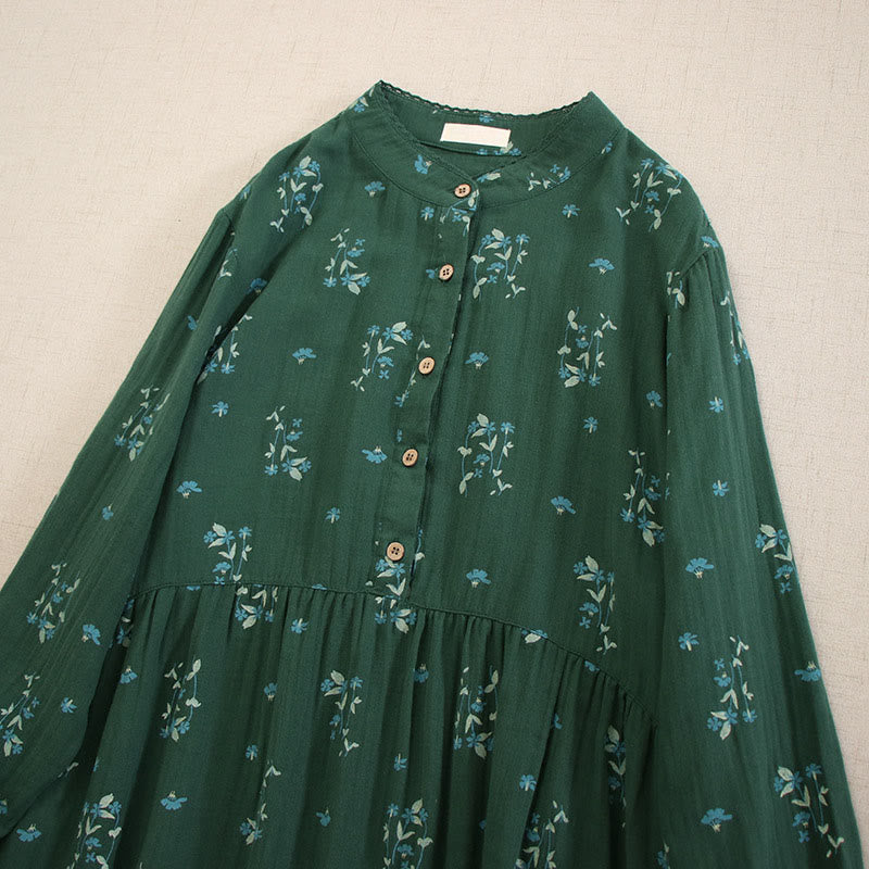 Buddha Stones 春の小花柄プリントボタンデザインクルーネック長袖ミディドレス（ポケット付き） - image 30
