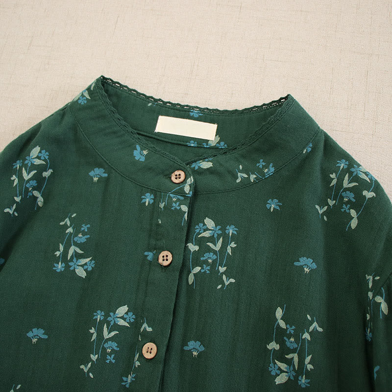 Buddha Stones 春の小花柄プリントボタンデザインクルーネック長袖ミディドレス（ポケット付き） - image 31