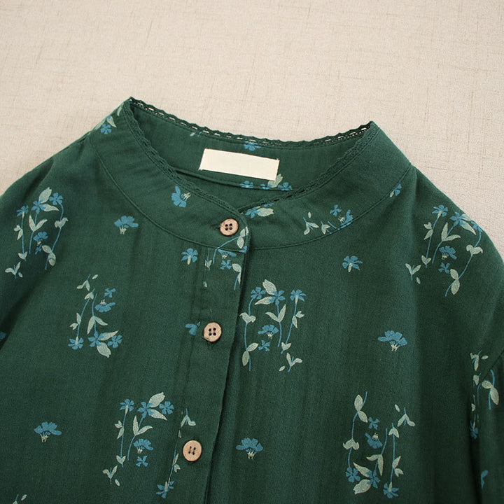 Buddha Stones 春の小花柄プリントボタンデザインクルーネック長袖ミディドレス（ポケット付き） - image 31