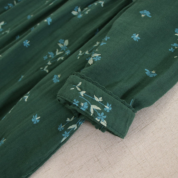 Buddha Stones 春の小花柄プリントボタンデザインクルーネック長袖ミディドレス（ポケット付き） - image 33