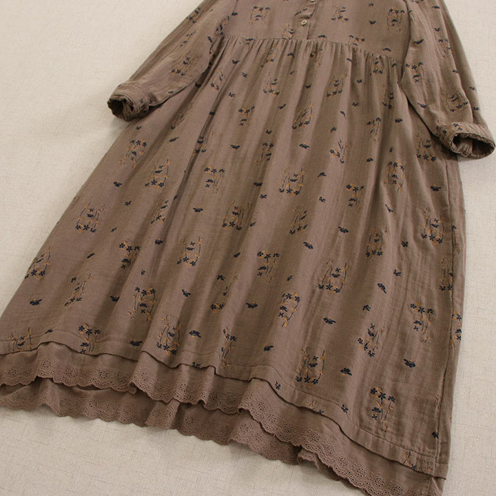 Buddha Stones 春の小花柄プリントボタンデザインクルーネック長袖ミディドレス（ポケット付き） - image 41