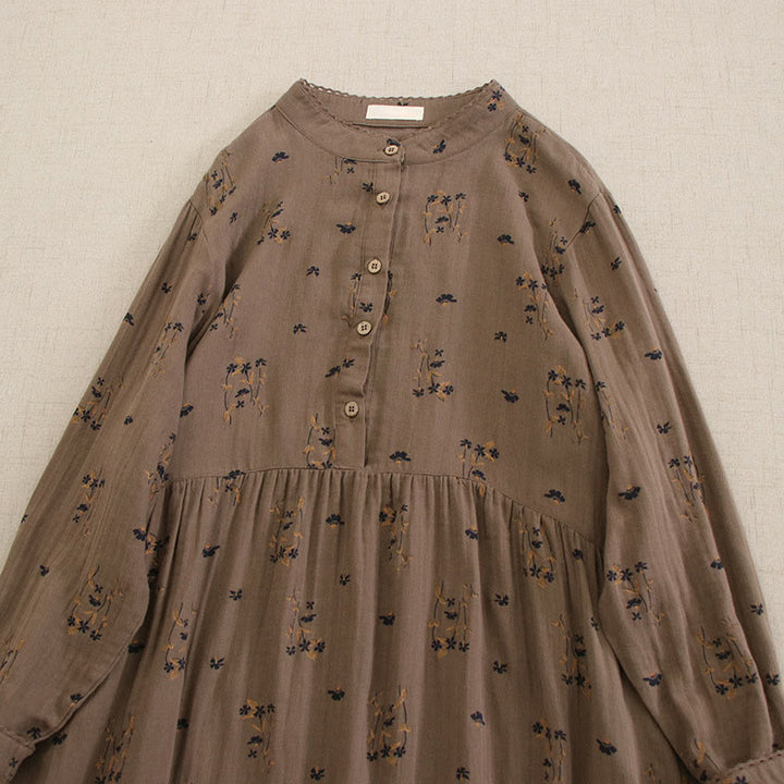 Buddha Stones 春の小花柄プリントボタンデザインクルーネック長袖ミディドレス（ポケット付き） - image 37