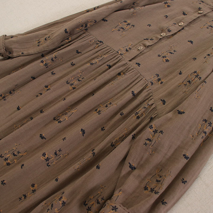 Buddha Stones 春の小花柄プリントボタンデザインクルーネック長袖ミディドレス（ポケット付き） - image 39