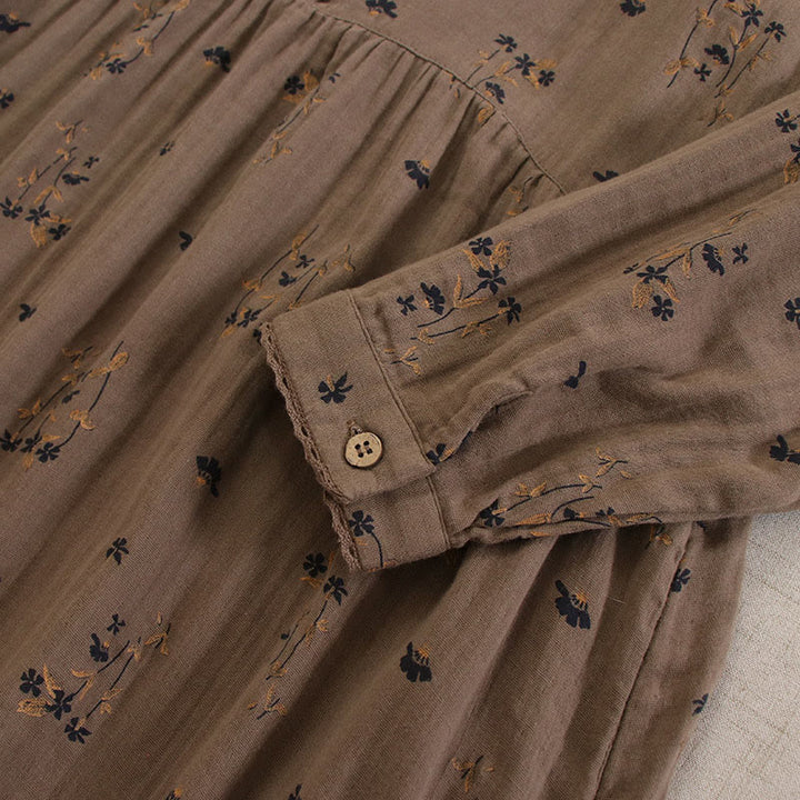 Buddha Stones 春の小花柄プリントボタンデザインクルーネック長袖ミディドレス（ポケット付き） - image 40