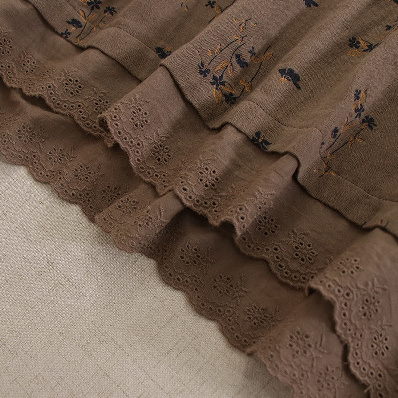 Buddha Stones 春の小花柄プリントボタンデザインクルーネック長袖ミディドレス（ポケット付き） - image 42