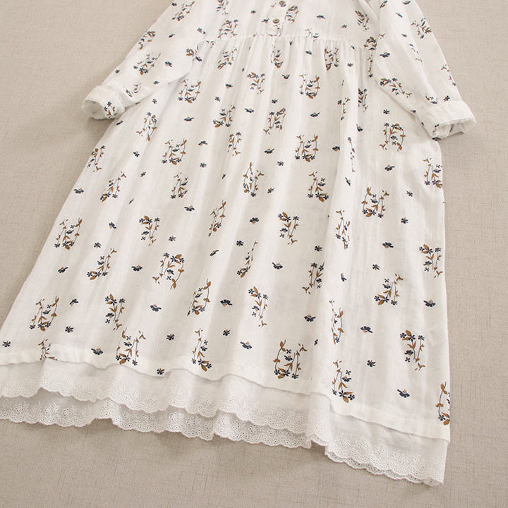 Buddha Stones 春の小花柄プリントボタンデザインクルーネック長袖ミディドレス（ポケット付き） - image 50