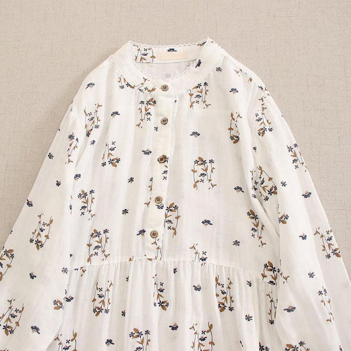 Buddha Stones 春の小花柄プリントボタンデザインクルーネック長袖ミディドレス（ポケット付き） - image 45
