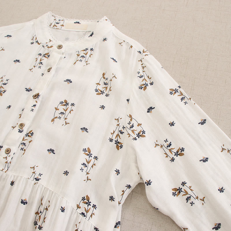 Buddha Stones 春の小花柄プリントボタンデザインクルーネック長袖ミディドレス（ポケット付き） - image 47