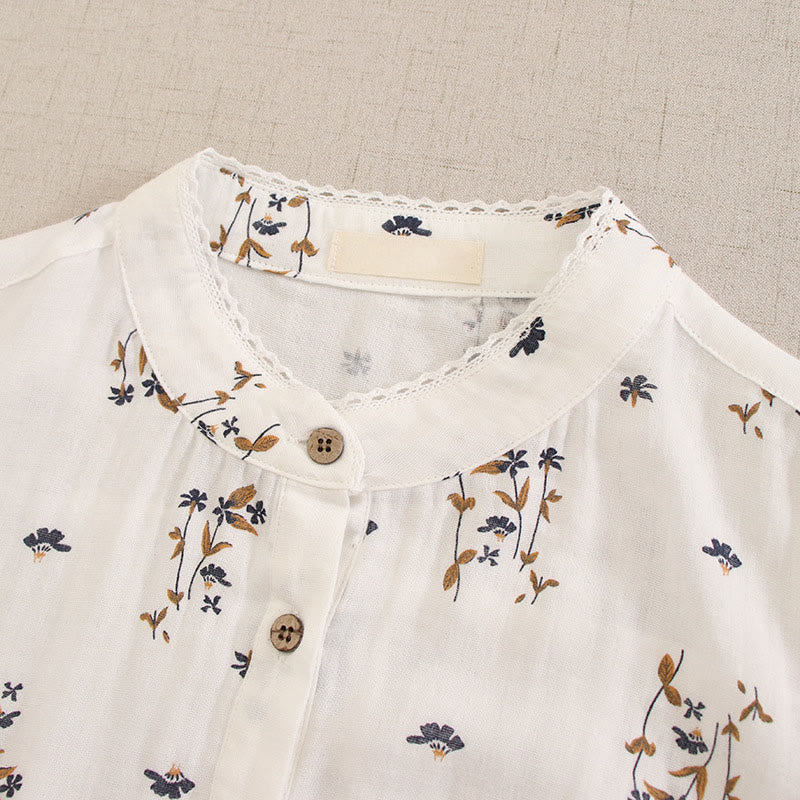 Buddha Stones 春の小花柄プリントボタンデザインクルーネック長袖ミディドレス（ポケット付き） - image 46