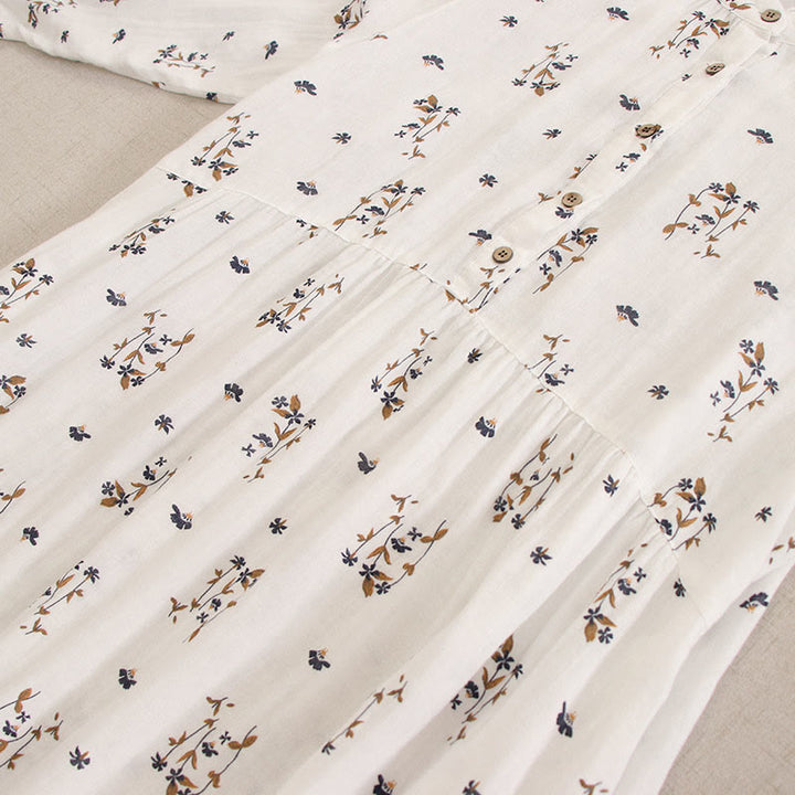 Buddha Stones 春の小花柄プリントボタンデザインクルーネック長袖ミディドレス（ポケット付き） - image 49