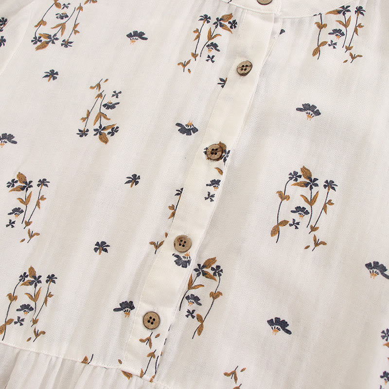 Buddha Stones 春の小花柄プリントボタンデザインクルーネック長袖ミディドレス（ポケット付き） - image 52